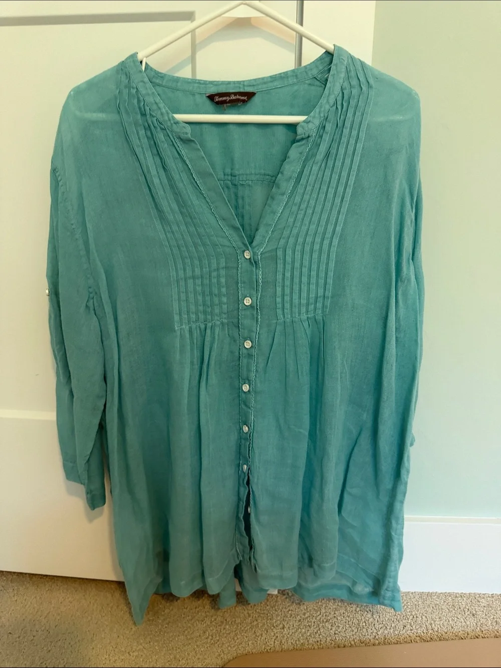 3 Tommy Bahama Linen Button Down Blouses with Ruffle Detail Aqua Coral and Tan - Picture 7 of 15